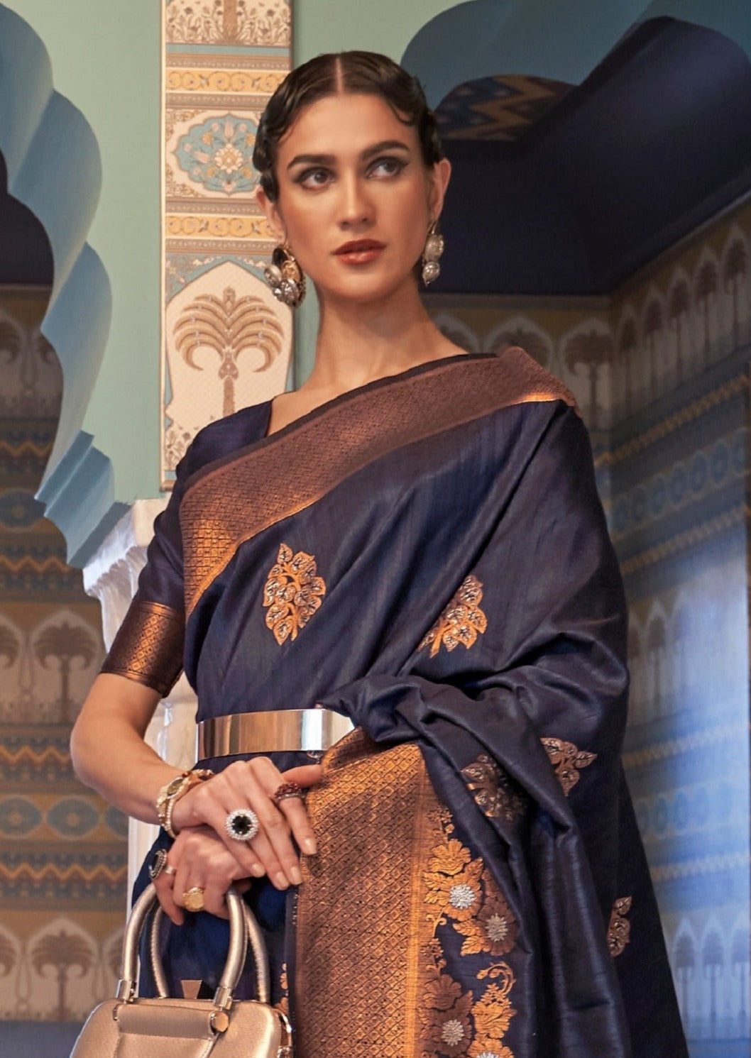 Banarasi Tussar Silk Navy Blue Saree