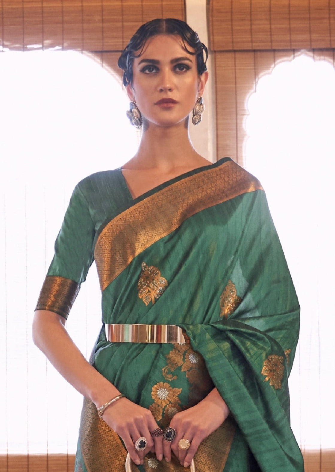 Banarasi Tussar Silk Dark Green Bridal Saree