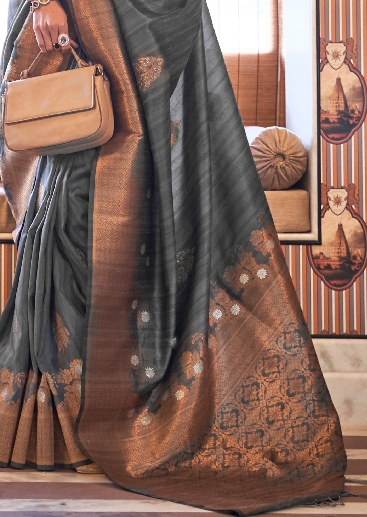 Banarasi Tussar Silk Grey Saree