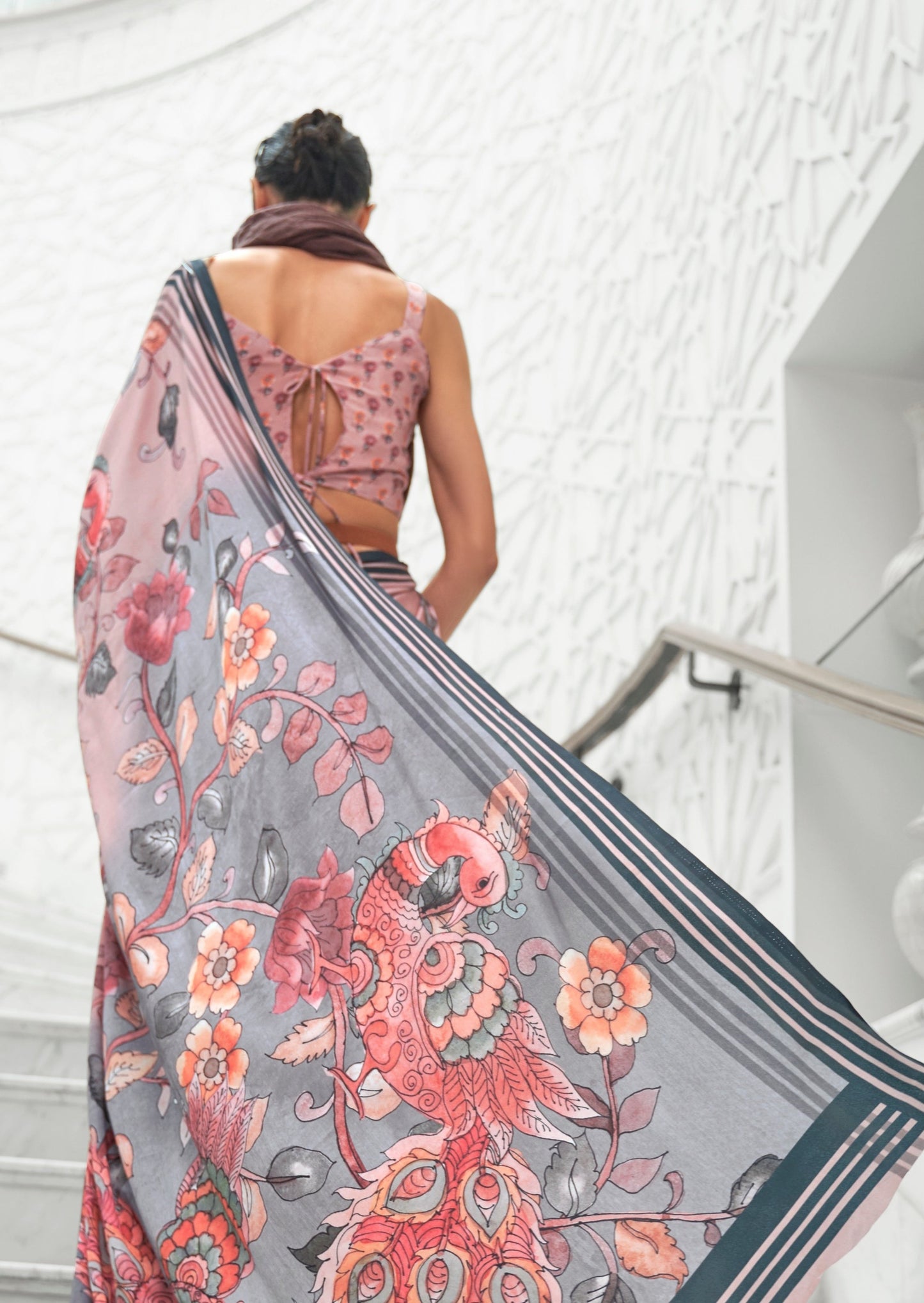 Blush Peach Kalamkari Pure Silk Crepe Saree