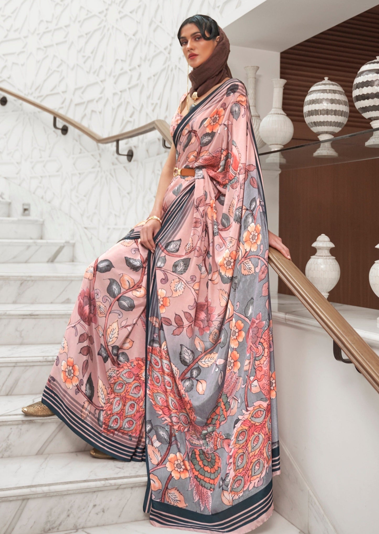 Blush Peach Kalamkari Pure Silk Crepe Saree