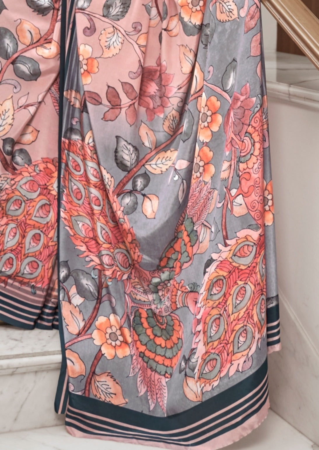 Blush Peach Kalamkari Pure Silk Crepe Saree
