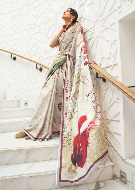 Creamy White Kalamkari Pure Silk Crepe Saree