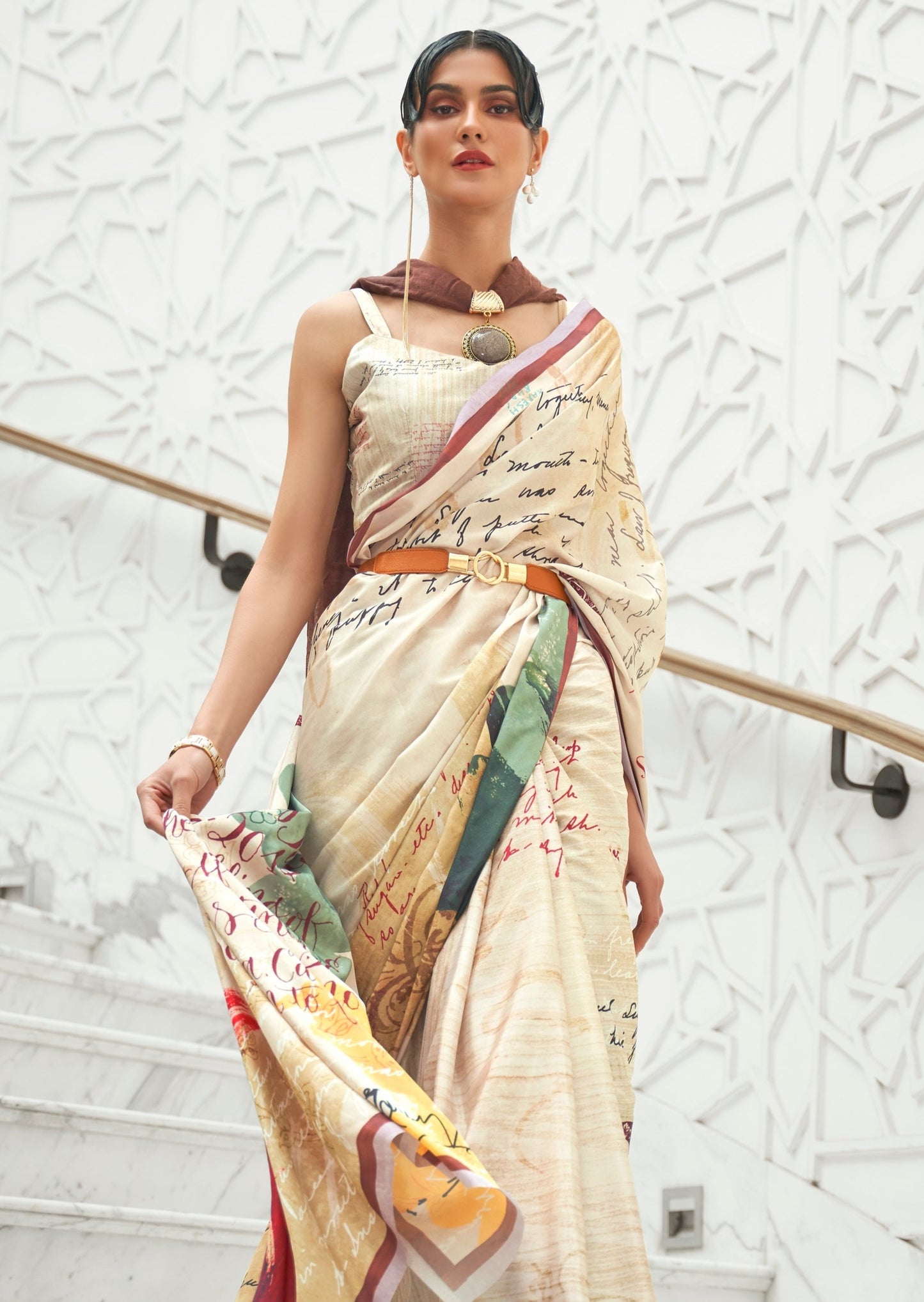 Creamy White Kalamkari Pure Silk Crepe Saree