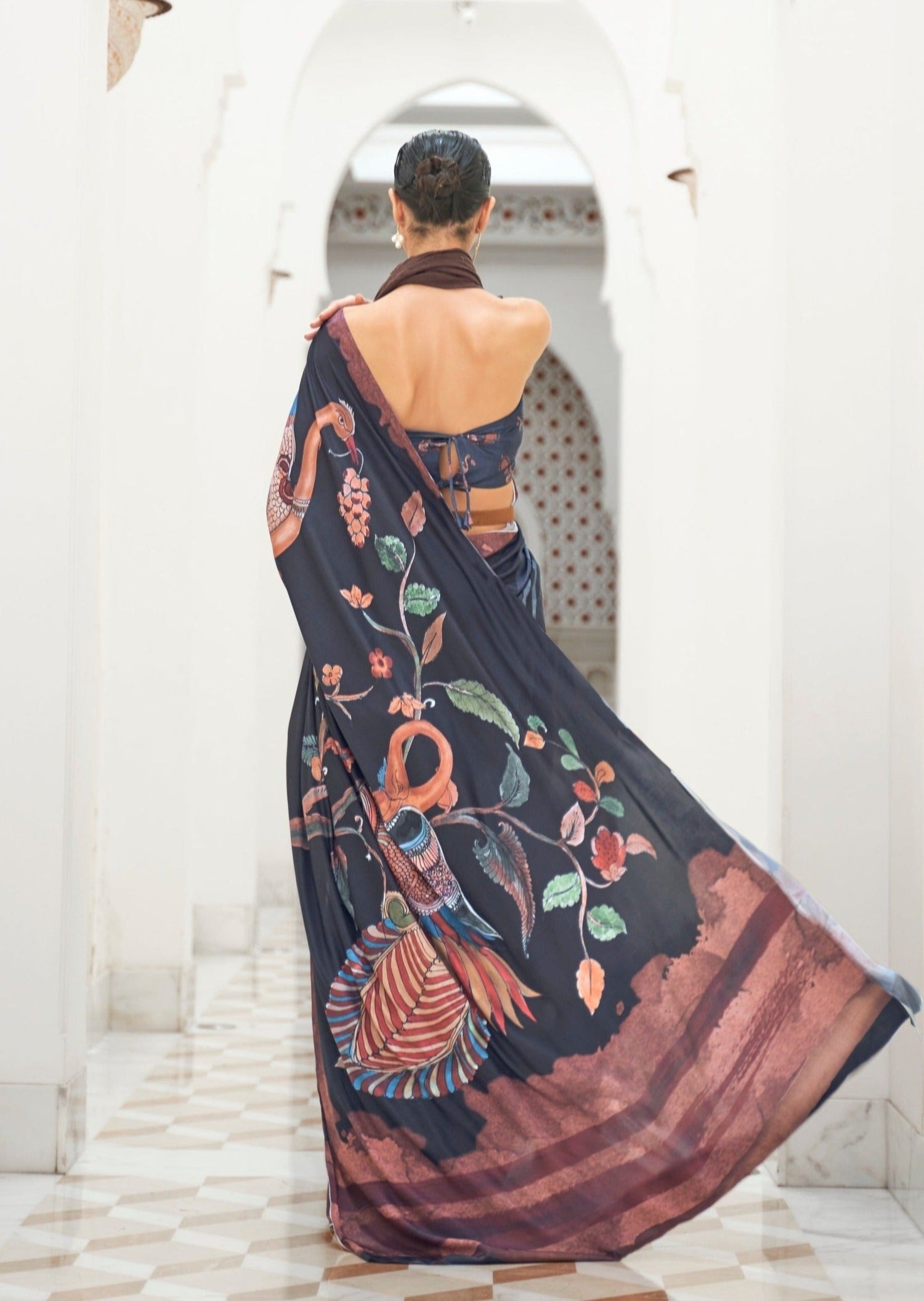 Kalamkari pure silk crepe saree online usa shopping with price.