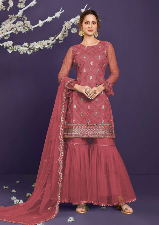 Pink Net Party Wear Sharara Suit