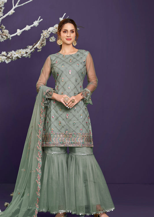 Adah Pistachio Green Net Sharara Suit