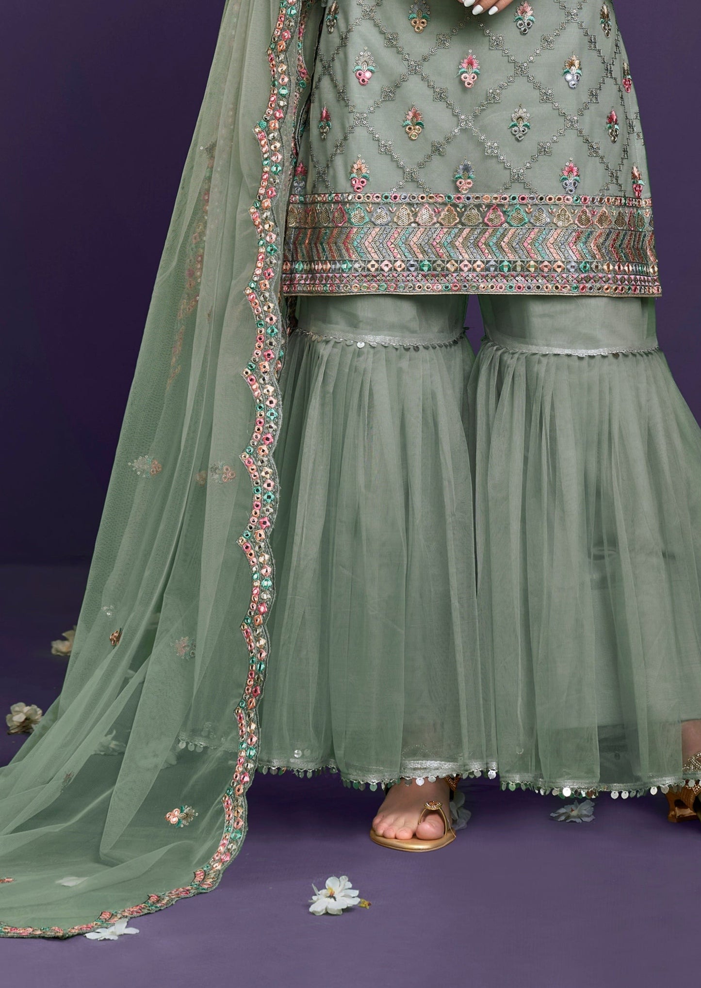 Adah Pistachio Green Net Sharara Suit