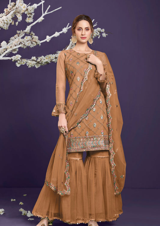 Adah Mud Brown Net Sharara Suit