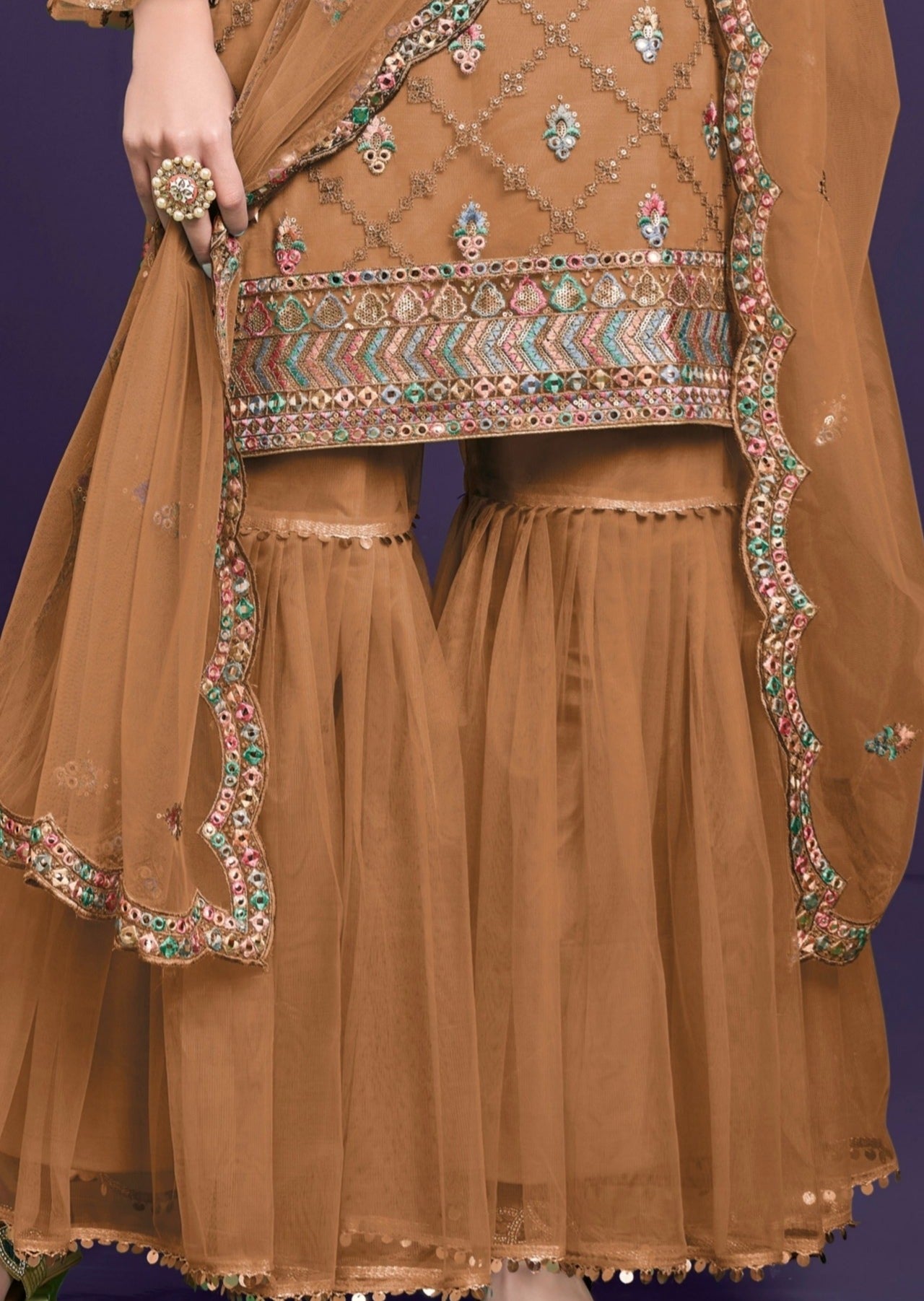 Adah Mud Brown Net Sharara Suit