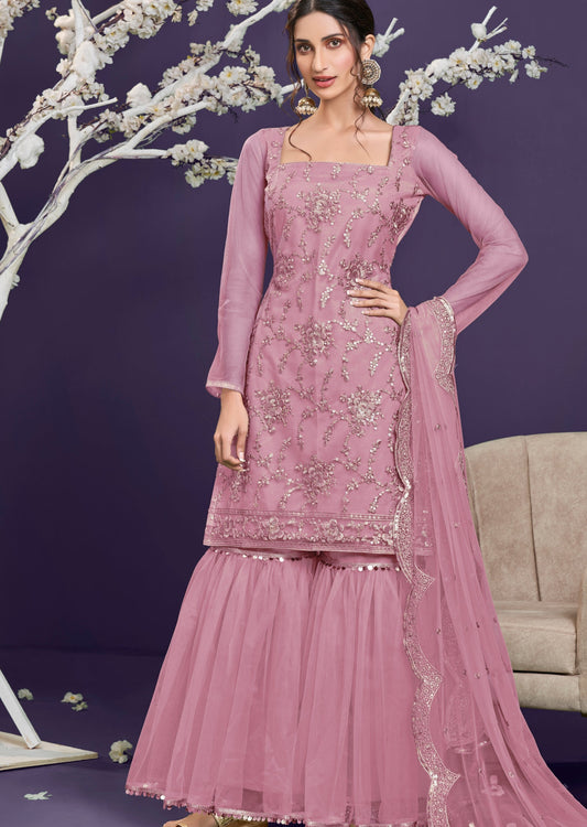 Adah Pastel Pink Net Sharara Suit