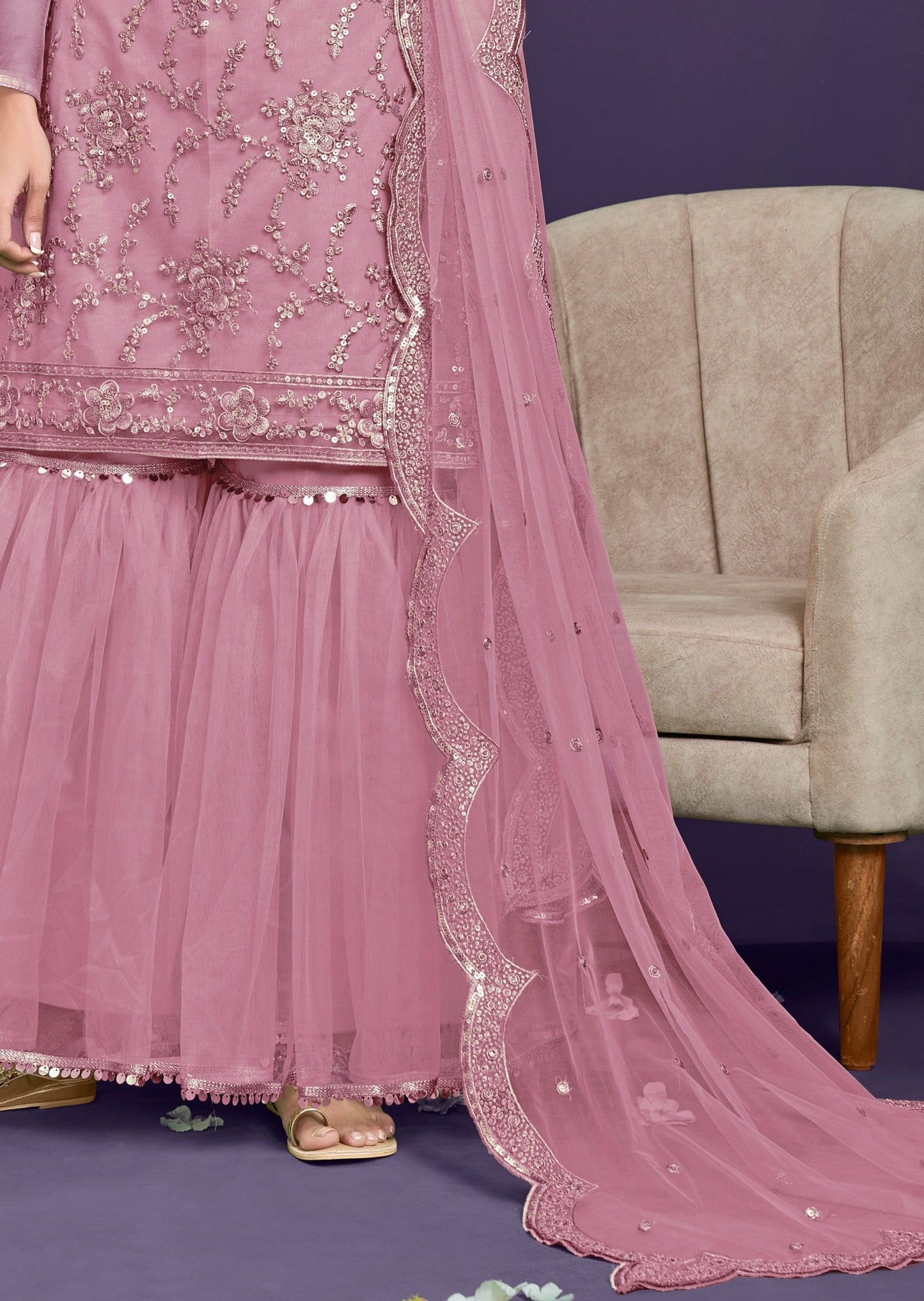 Adah Pastel Pink Net Sharara Suit