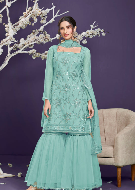 Adah Pastel Blue Net Sharara Suit