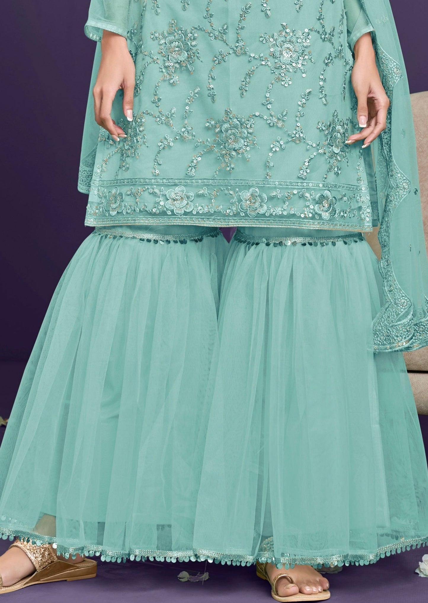 Adah Pastel Blue Net Sharara Suit