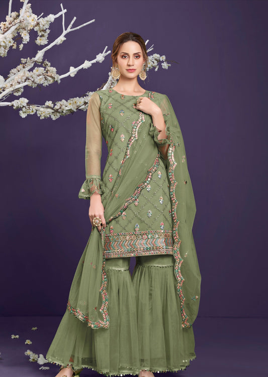 Adah Moss Green Net Sharara Suit
