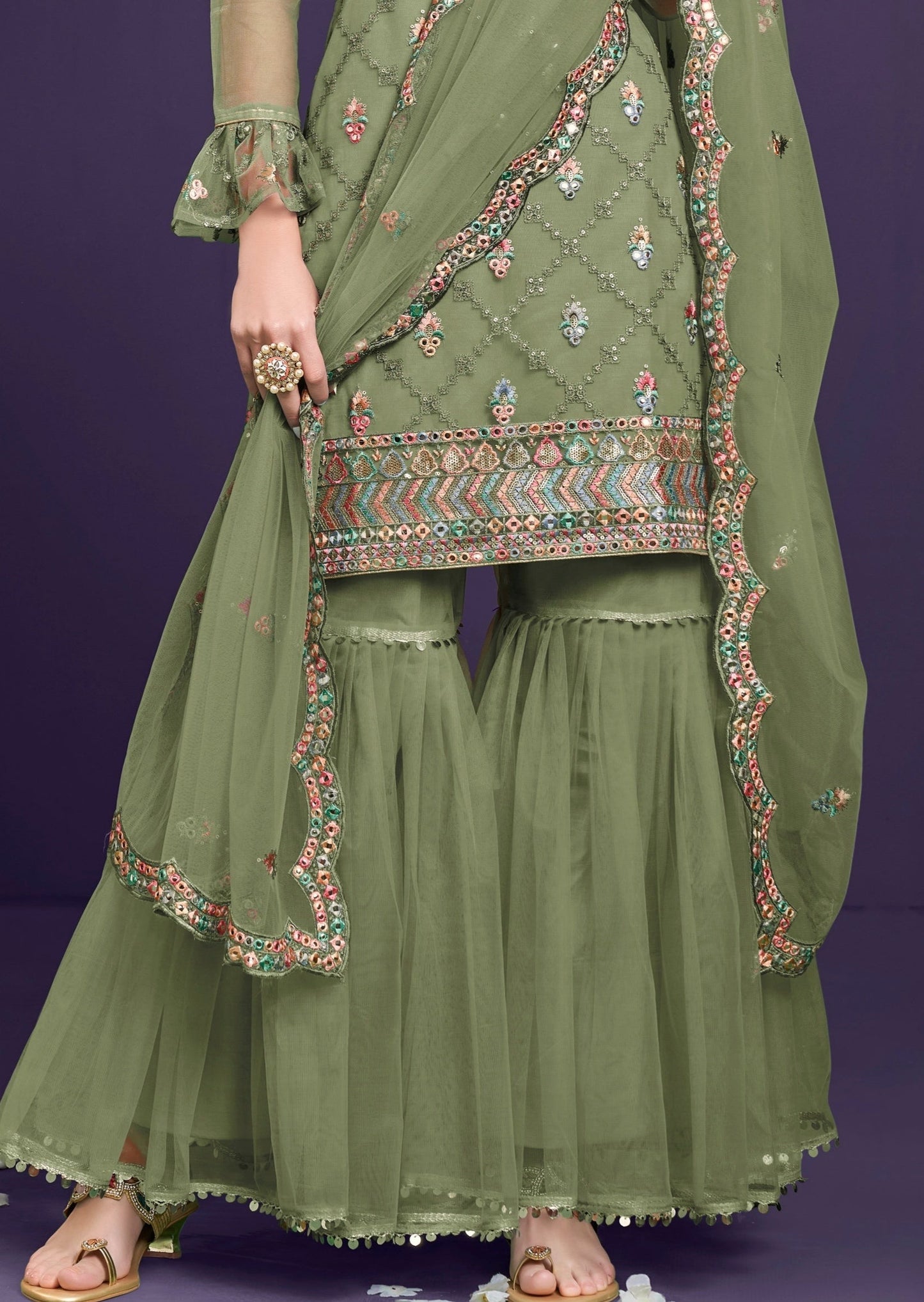 Adah Moss Green Net Sharara Suit