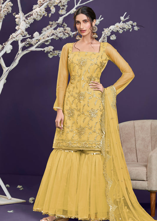 Adah Yellow Net Sharara Suit