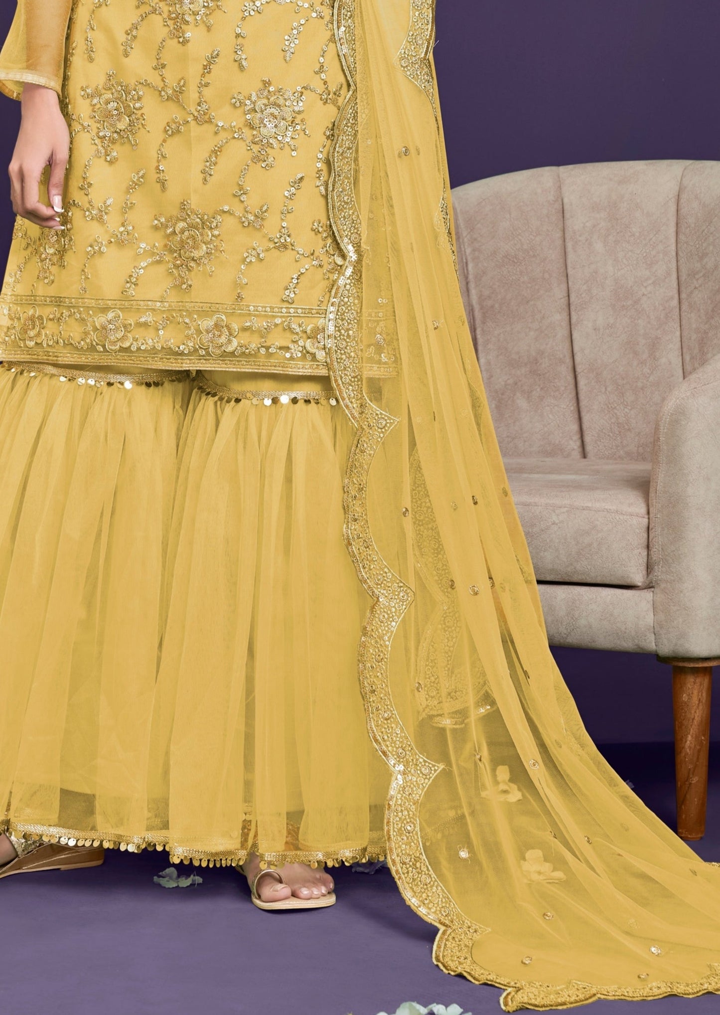 Adah Yellow Net Sharara Suit