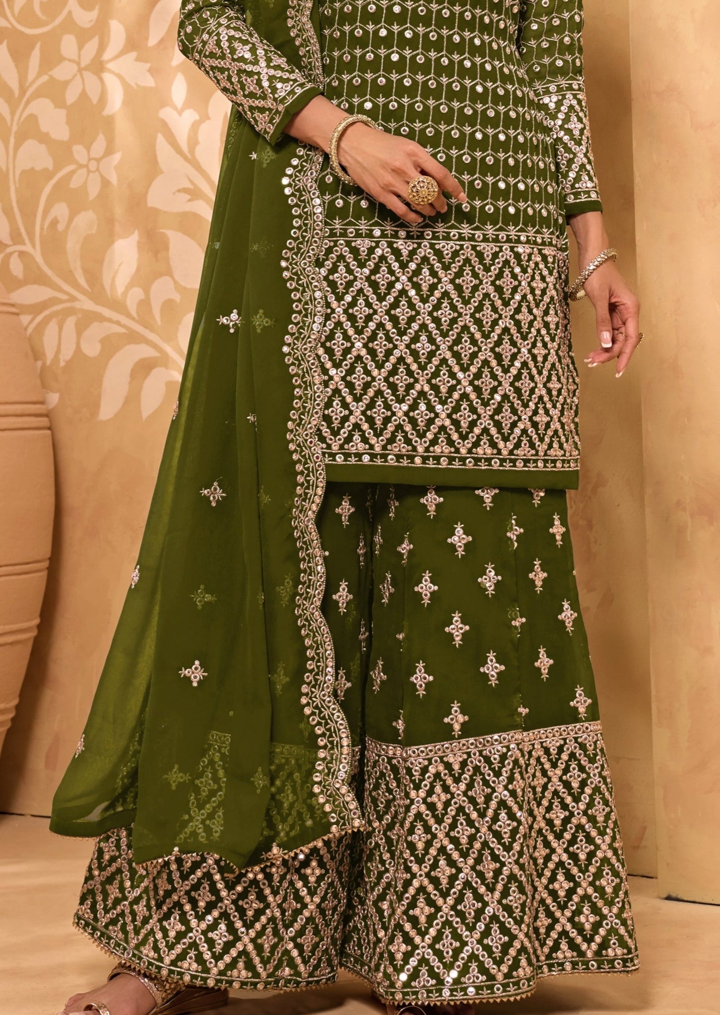 Kani Georgette Mehendi Green Sharara Suit