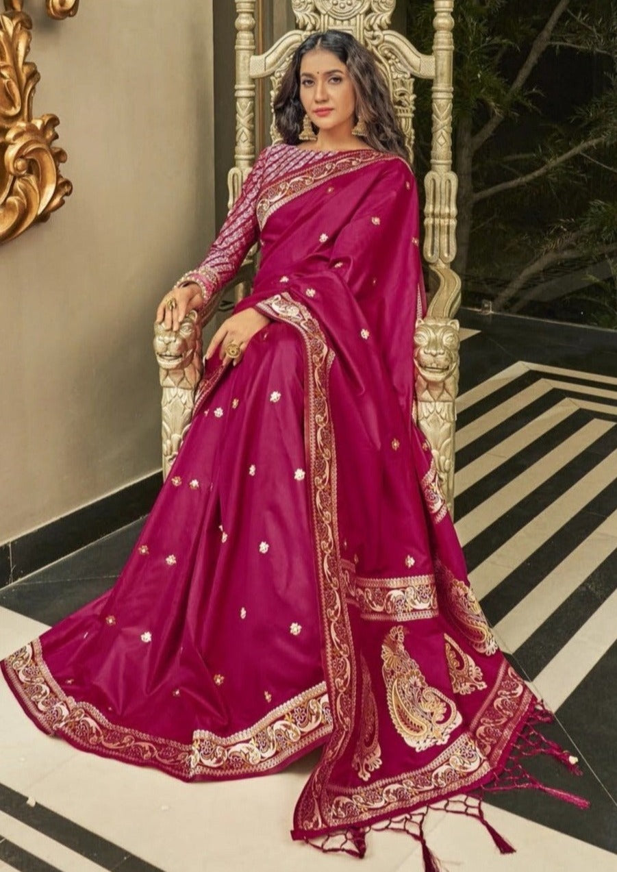 Pure Silk Weaving Cherry Red Handloom Banarasi Saree