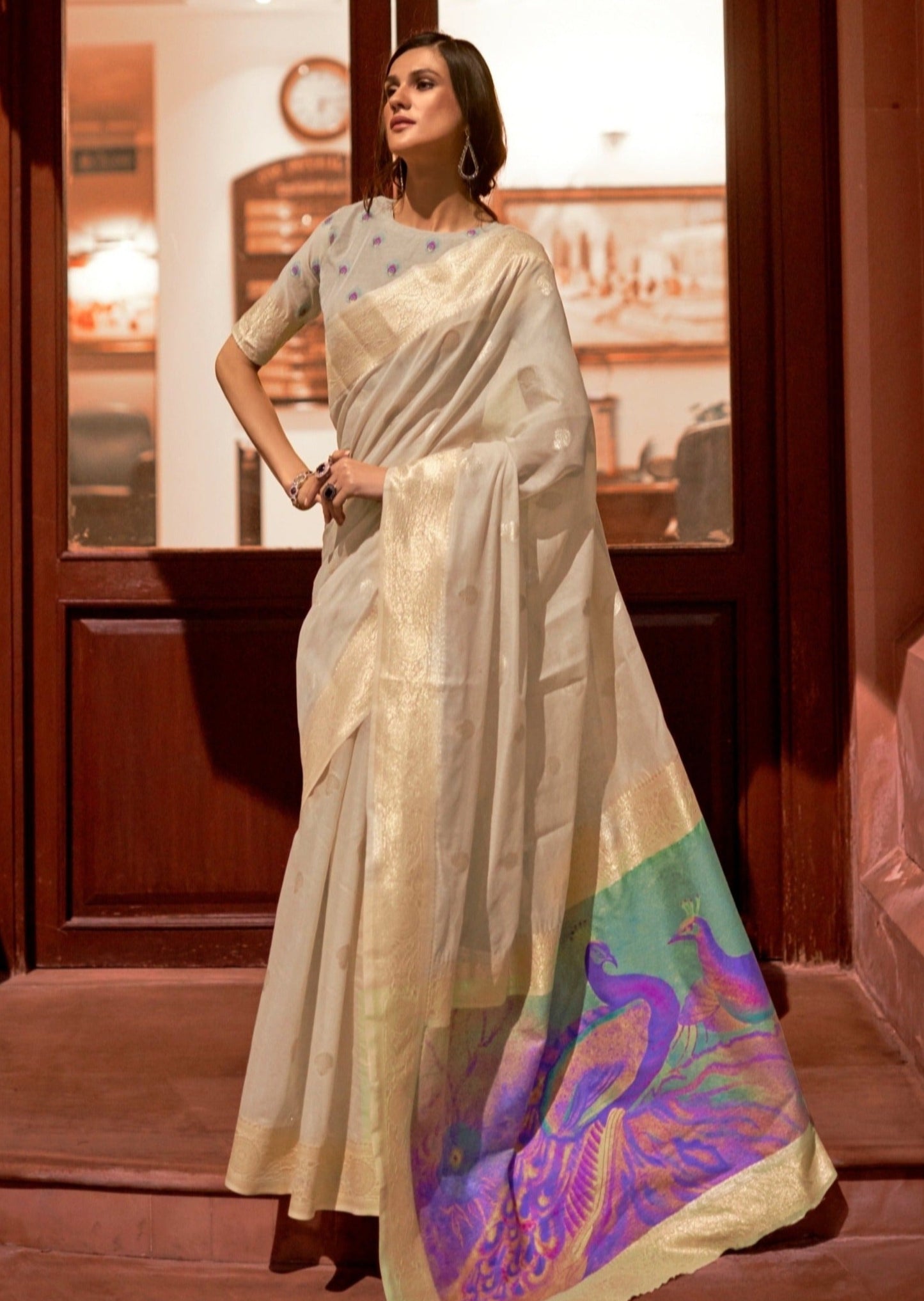 Cream Banarasi Silk saree