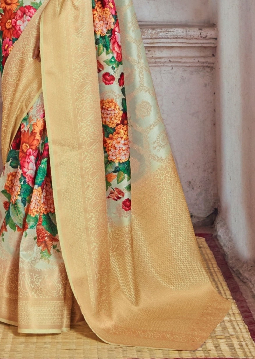 Festive Banarasi Silk Weaving Yellow Floral Printed Saree With Zari Border