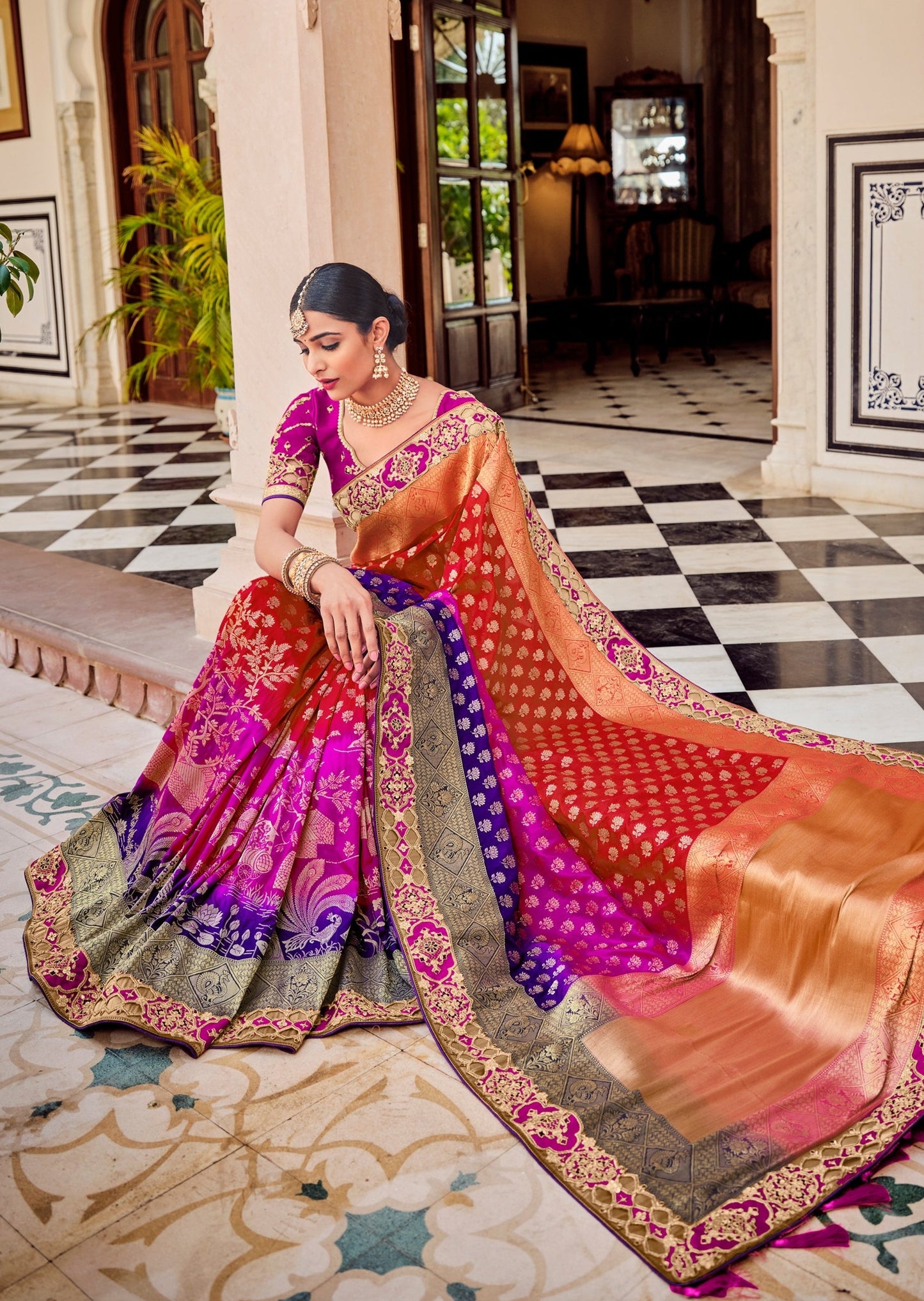 Party Wear Banarasi Silk Multicolor Pink Bridal Zari Saree