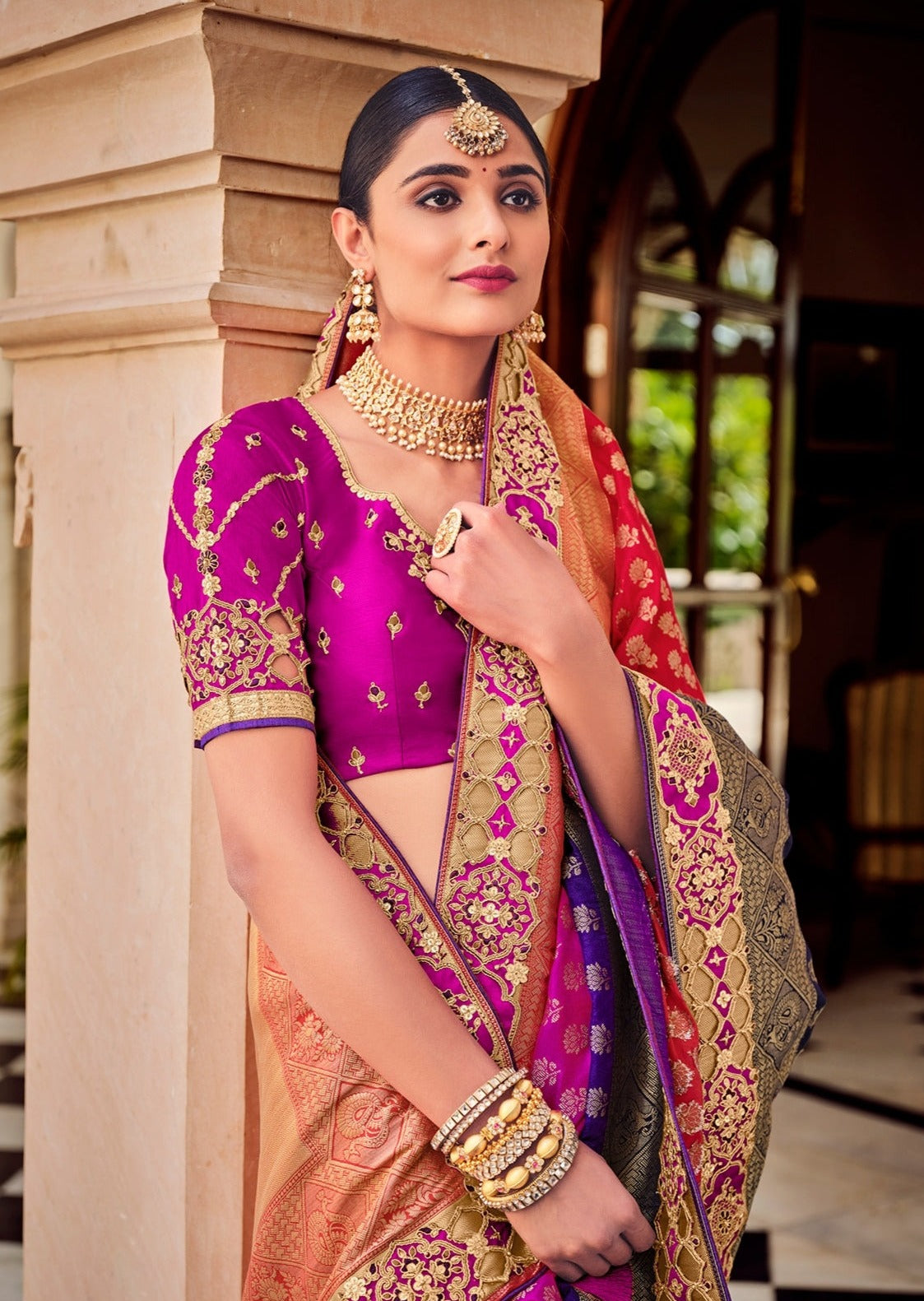 Party Wear Banarasi Silk Multicolor Pink Bridal Zari Saree