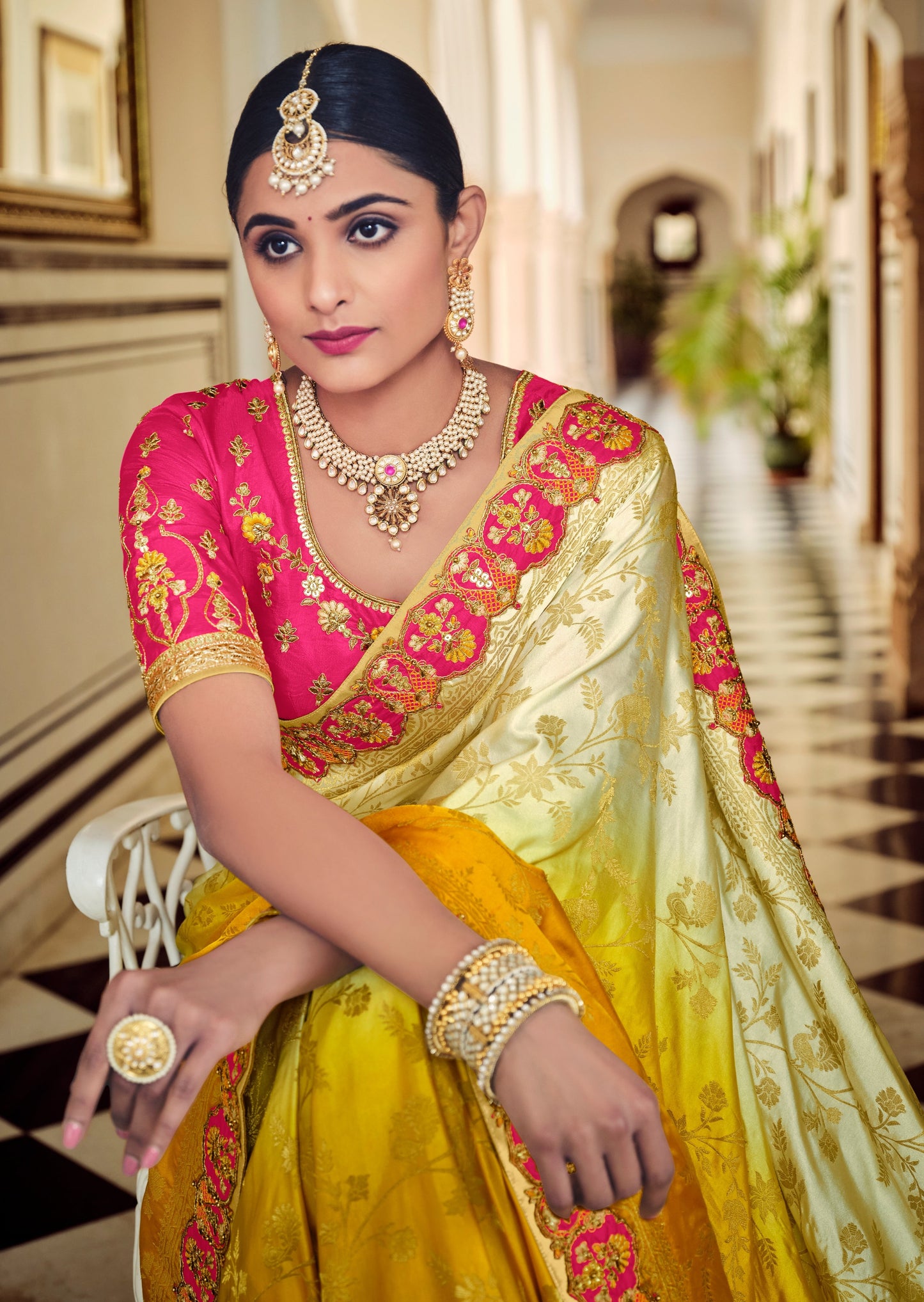 Banarasi Silk Cream Yellow Bridal Saree