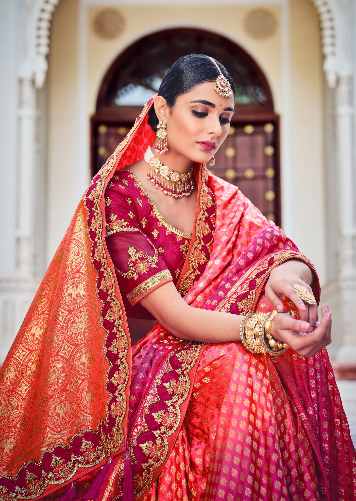 Party Wear Banarasi Silk Ruby Pink Handwork Saree