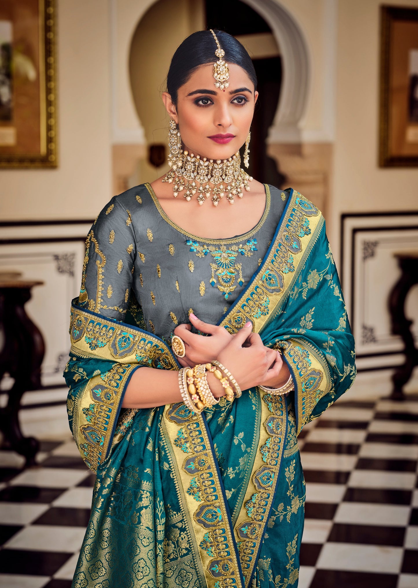 Party Wear Banarasi Silk Teal Blue Bridal Saree