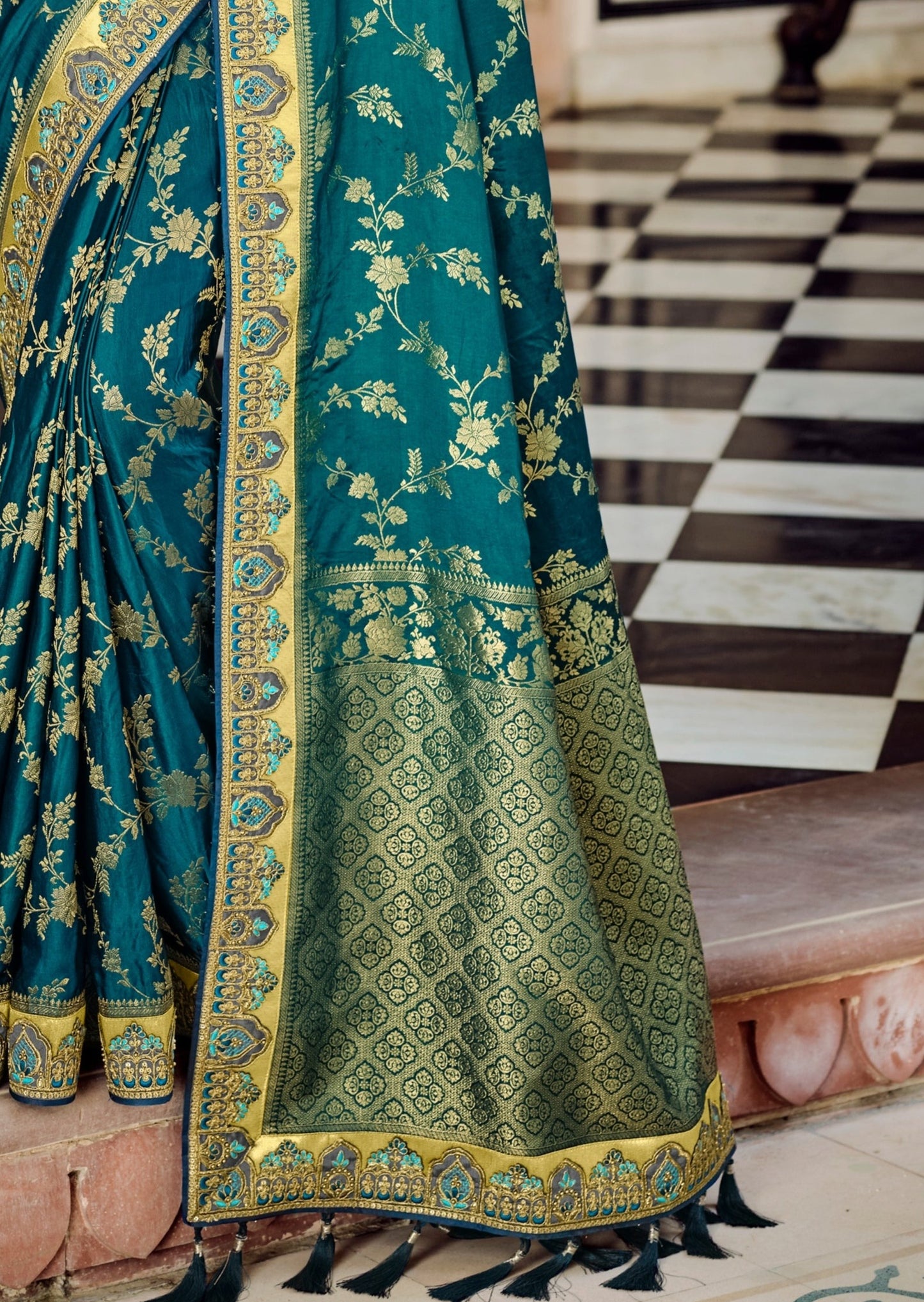 Party Wear Banarasi Silk Teal Blue Bridal Saree