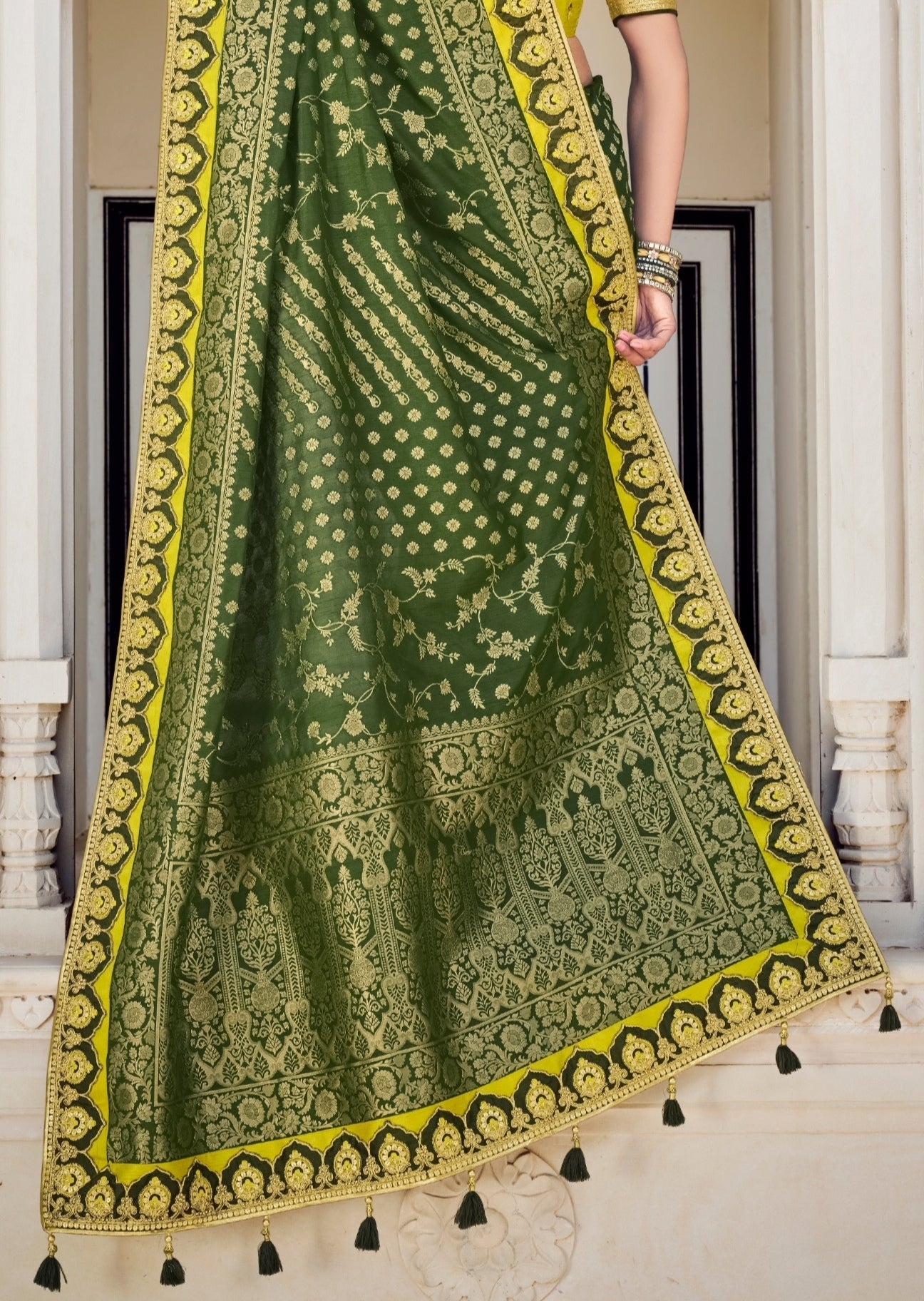 Party Wear Banarasi Silk Mehendi Green Bridal Saree