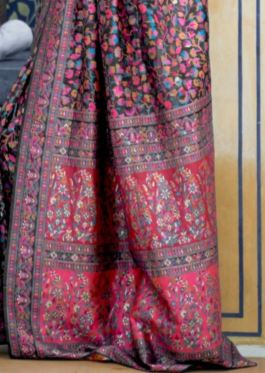 Kashmiri Jamawar Pure Silk Ink Black Saree
