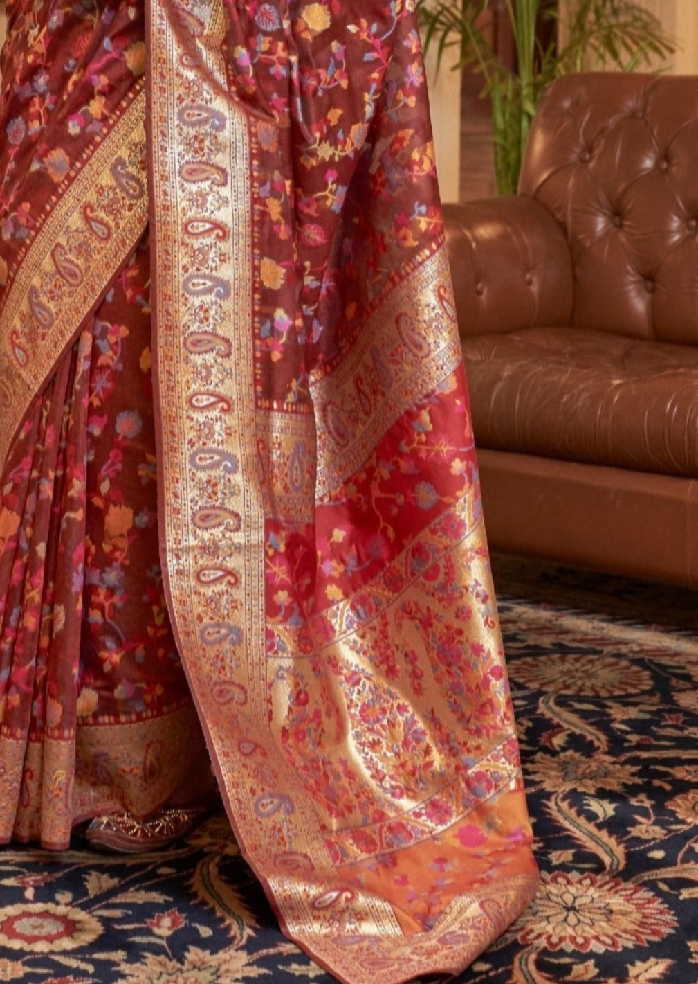 Kashmiri Pashmina Maroon Red Bridal Silk Saree