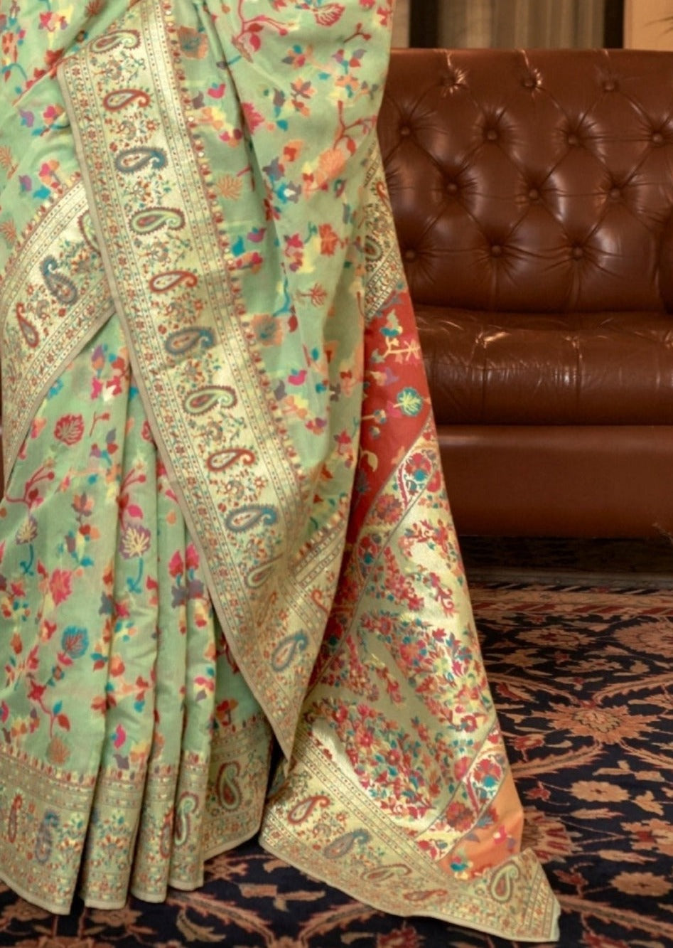 Kashmiri Jamawar Silk Mint Green Handloom Saree