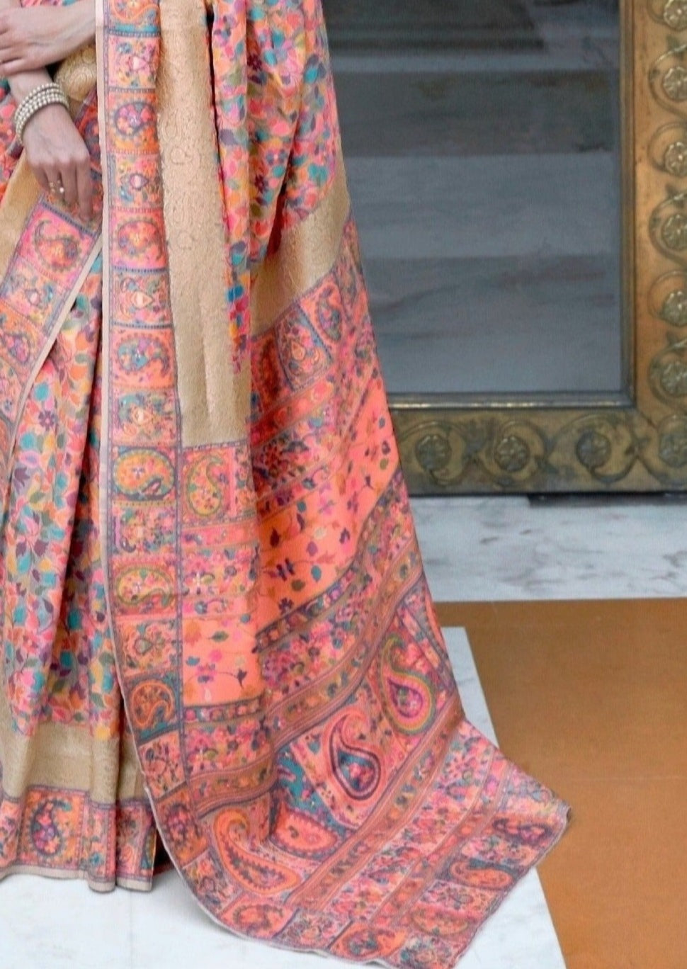 Kashmiri Jamawar Silk Peach Pashmina Saree