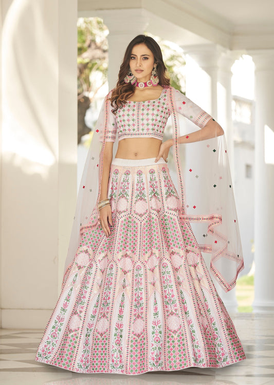 Pure Silk Embroidered White Lehenga Choli