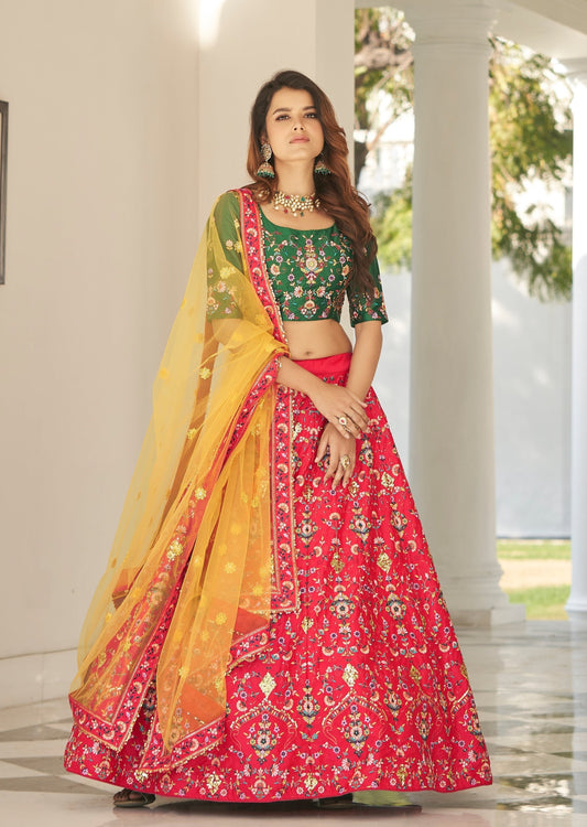 Pure Silk Embroidered Red and Green Lehenga Choli