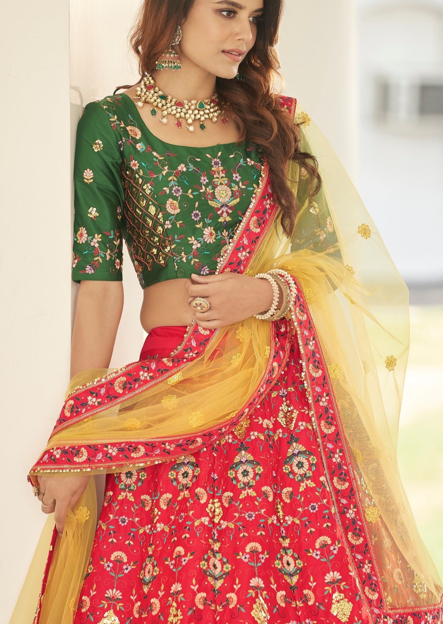 Pure Silk Embroidered Red and Green Lehenga Choli