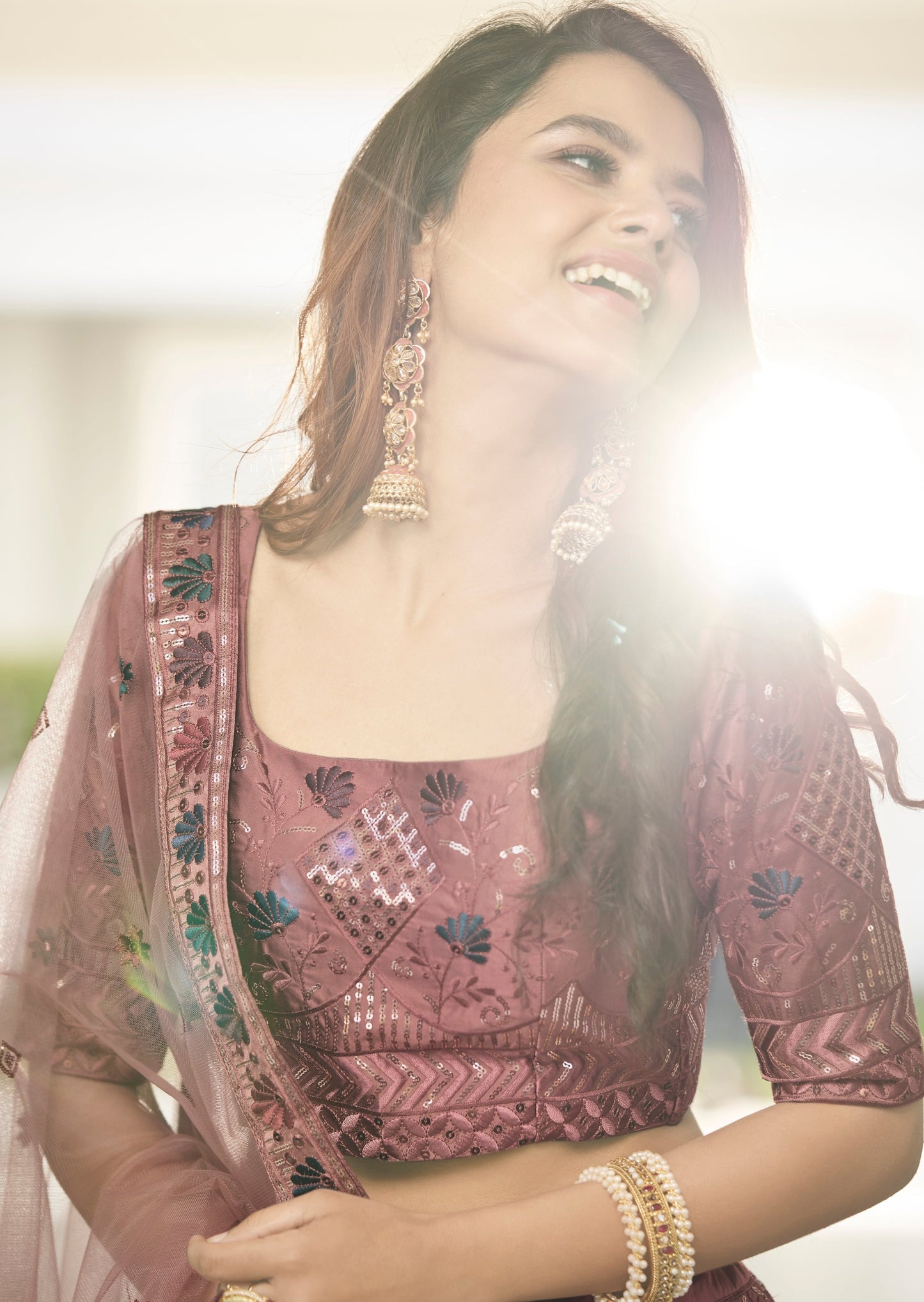 Brinda Silk Embroidered Rosewood Brown Lehenga
