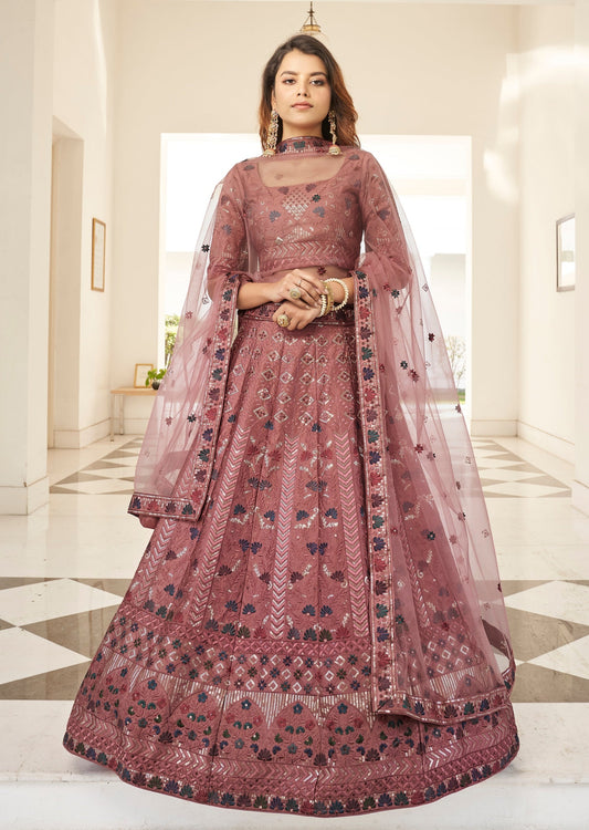Brinda Silk Embroidered Rosewood Brown Lehenga