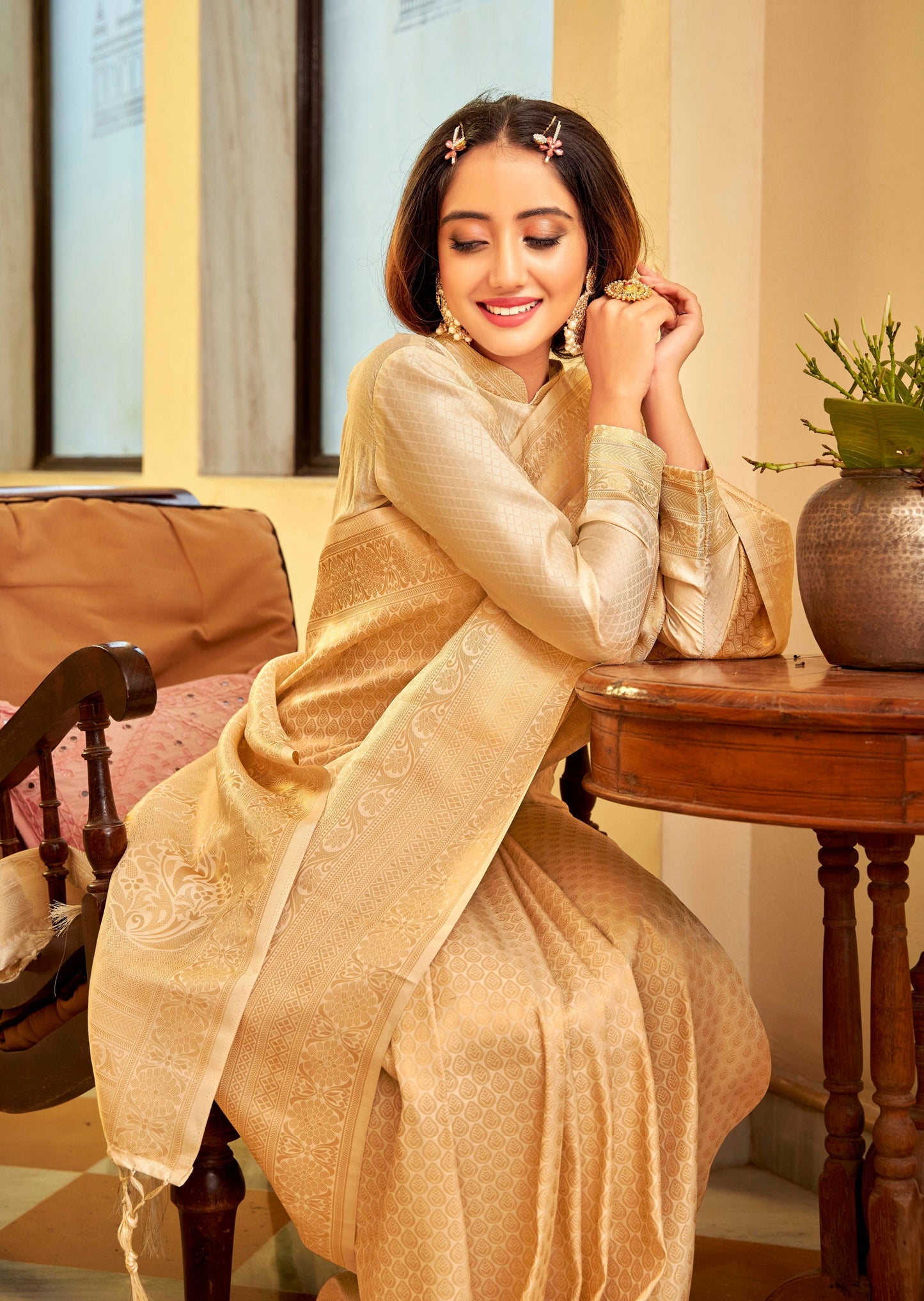 Kanjivaram Silk Cream Handloom Saree