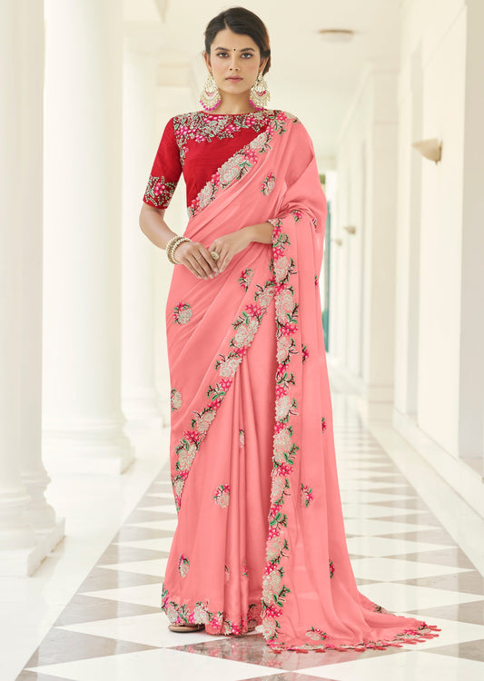 Pure Georgette Peach Pink Saree