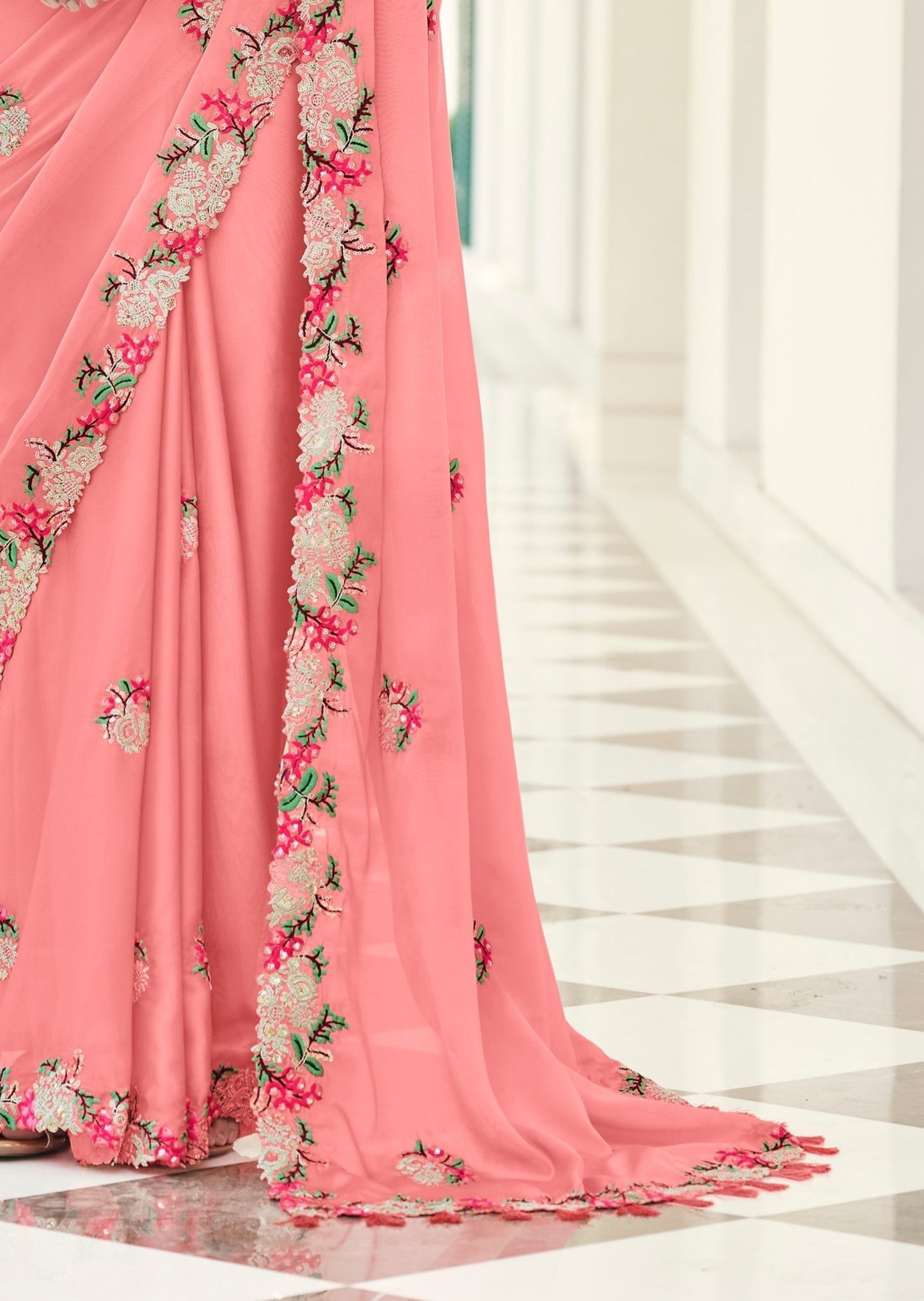 Pure Georgette Peach Pink Saree