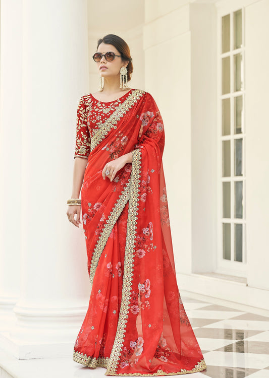 Pure Organza Floral Printed Red Saree