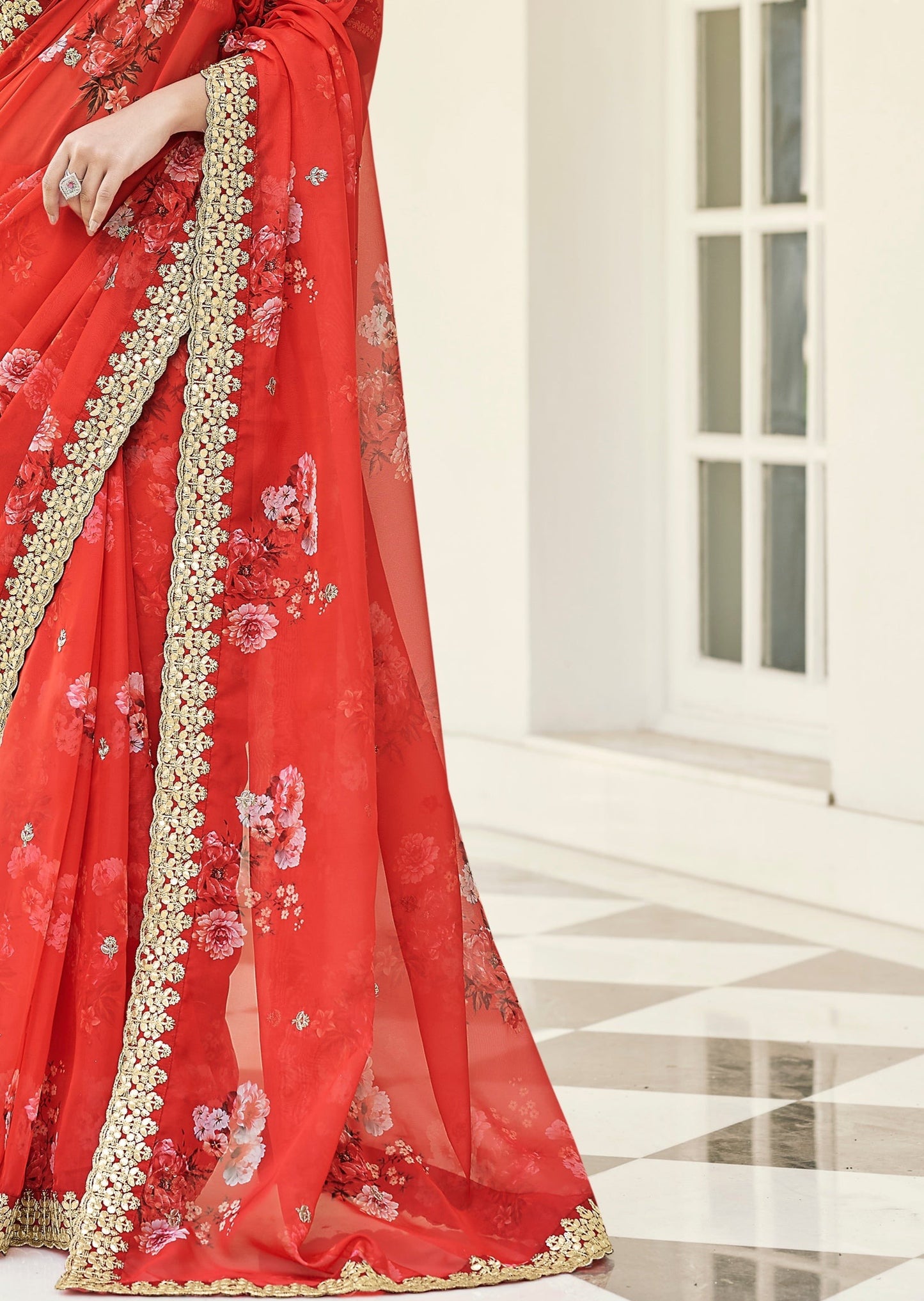 Pure Organza Floral Printed Red Saree