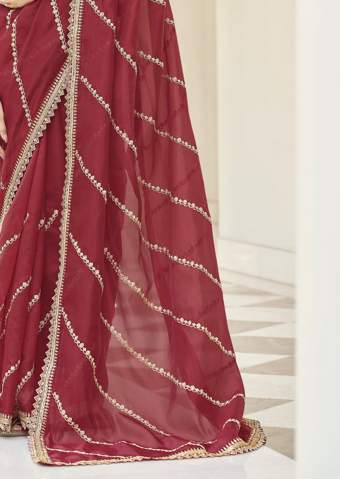 Pure Organza Handwork Maroon Saree