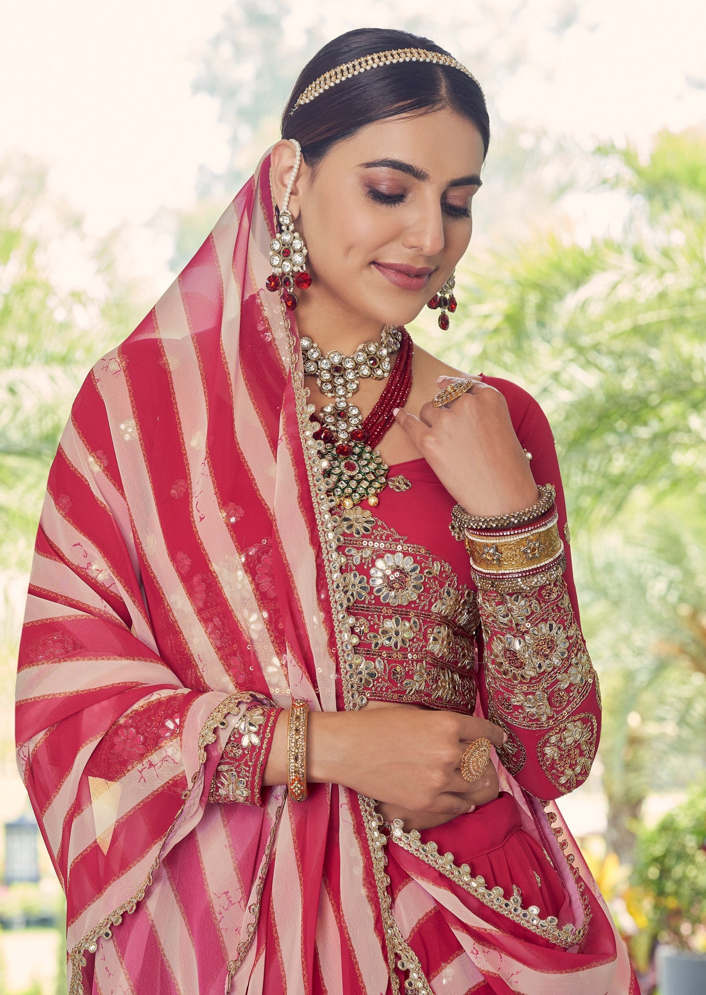 Coral Red Georgette Lehenga Choli