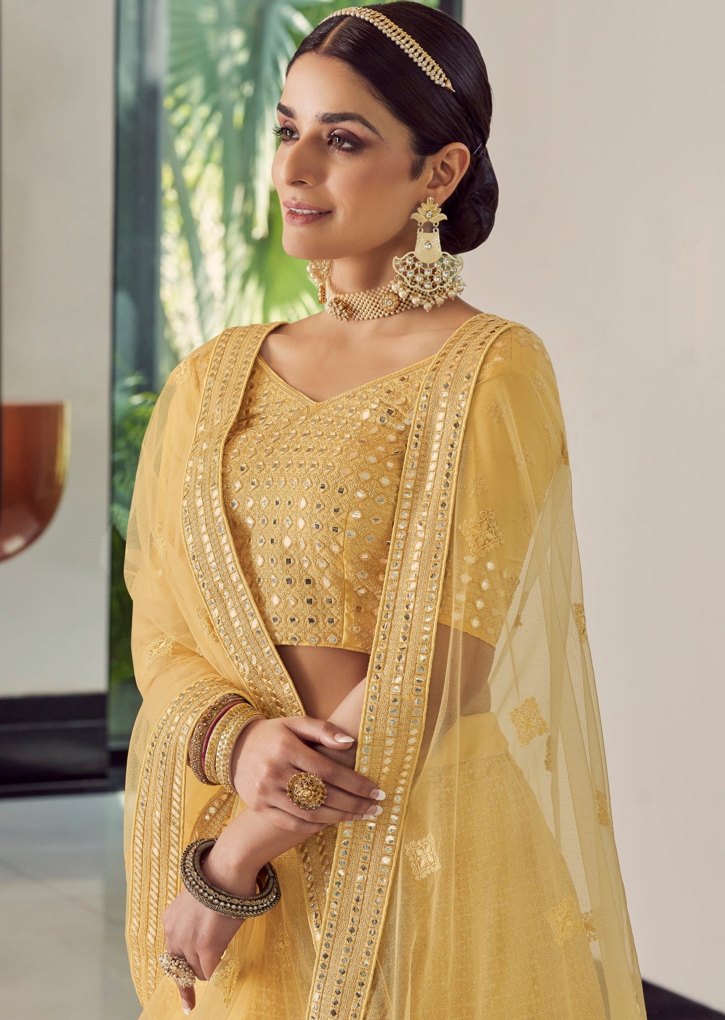 Yellow Mirror Work Georgette Lehenga Choli